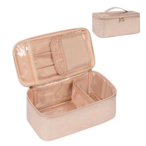 OCHEAL Makeup Bag,Vegan Leather Makeup Organizer Bag,Travel Essentials Cosmetic Bag Make Up Bag Small Makeup Case Toiletry Bag for Women,Compact Capacity for Daily Use, Double Zippers -Rose Gold