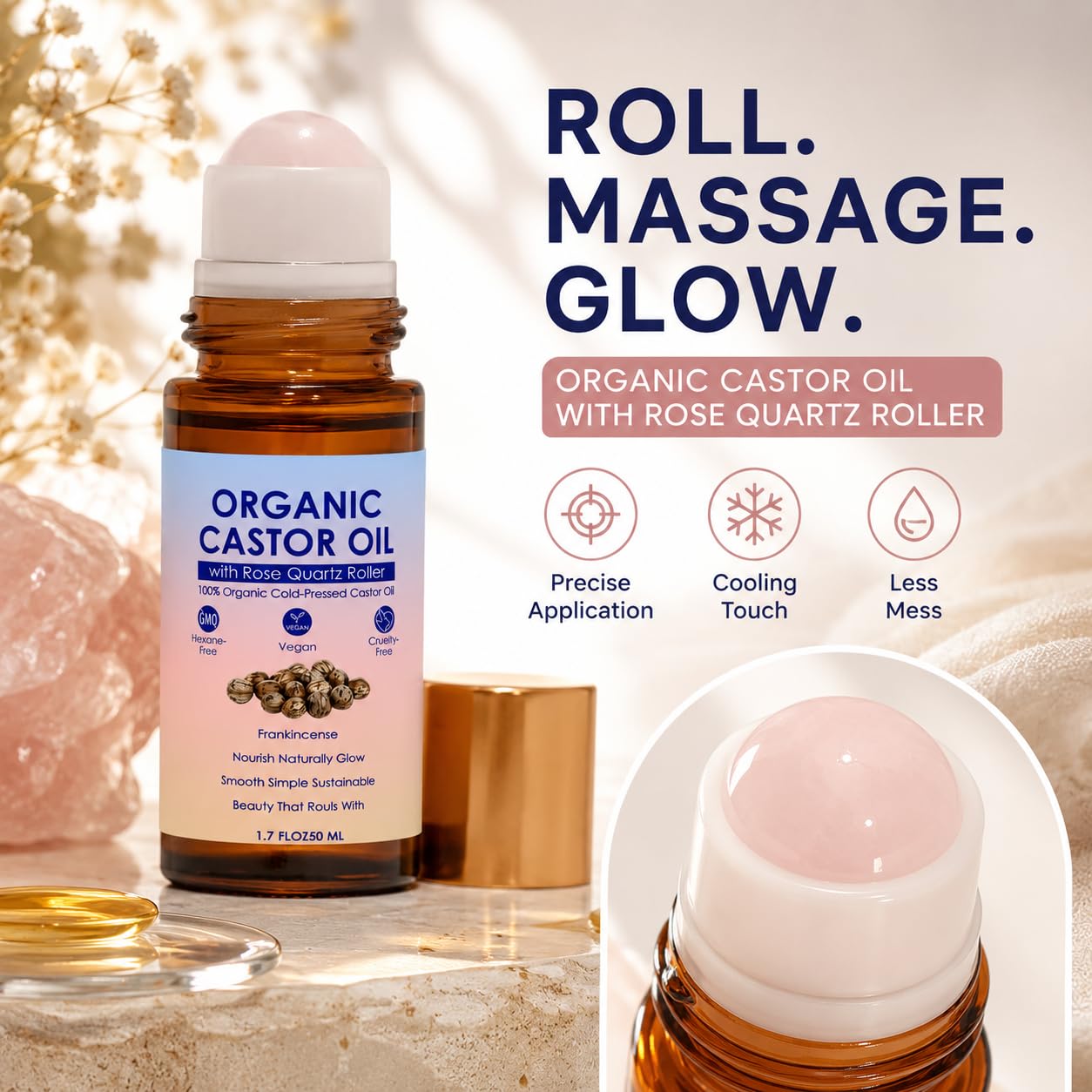 TOGOLIUN Organic Castor Oil Roll On with Rose Quartz Roller Ball, Cold-Pressed Hexane-Free, 100% Pure, Unscented Golden Castor Oil for Face, Neck, Brows, Lashes & Body, Unscented, 1.7 Fl Oz