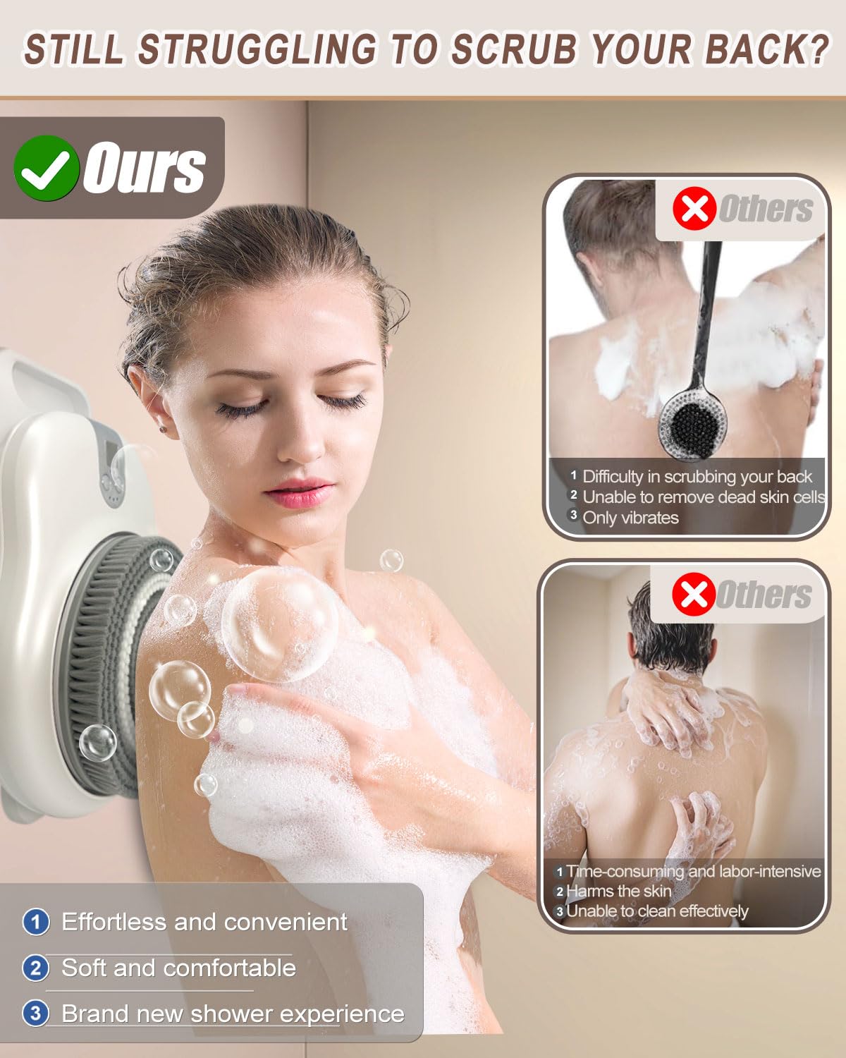 KGV Electric Shower Brush, Back Scrubber, Rechargeable Exfoliating Tool