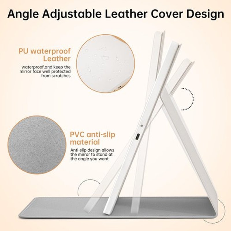 FUNTOUCH 2500mAh Large Rechargeable Travel Makeup Mirror with Light, Portable Makeup Mirror with 10X Magnifying Mirror, 3 Lighting Modes, Tabletop Folding Travel Mirror with PU Leather Cover (White)
