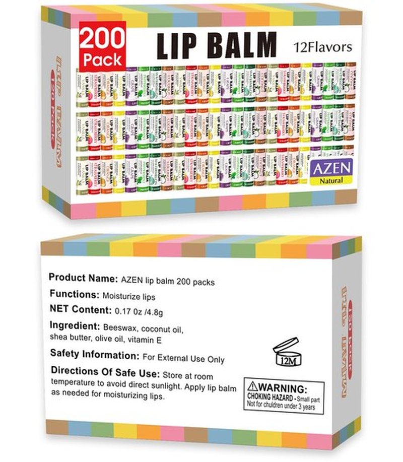 AZEN 200 Pack Lip Balm, Natural Lip Balm Bulk, Lip Care Product, Moisturizing Lip Balm for dry cracked lips - 12 Flavors