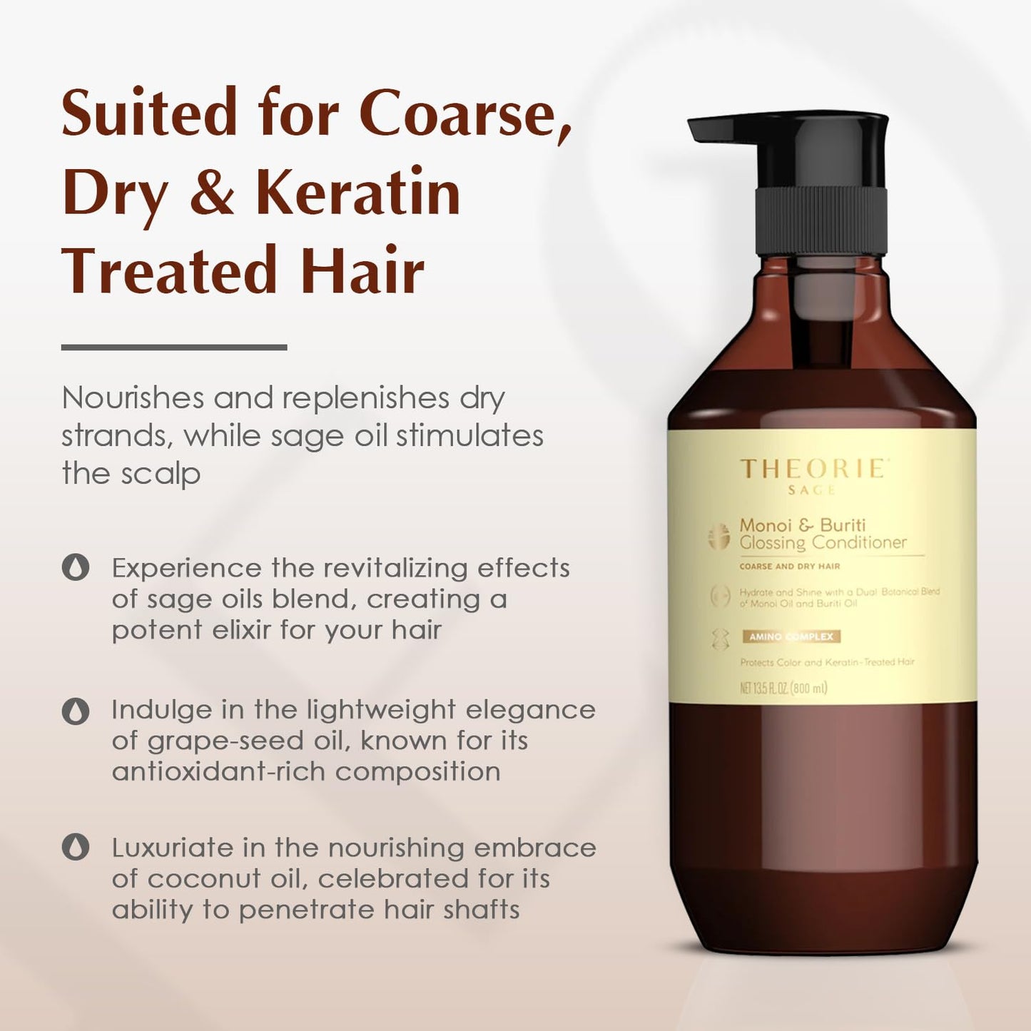 Theorie Monoi and Buriti Glossing Conditioner - Hydrate & Shine - Suited for Coarse and Dry Hair - Protects Color & Keratin Treated Hair, Pump Bottle 800mL