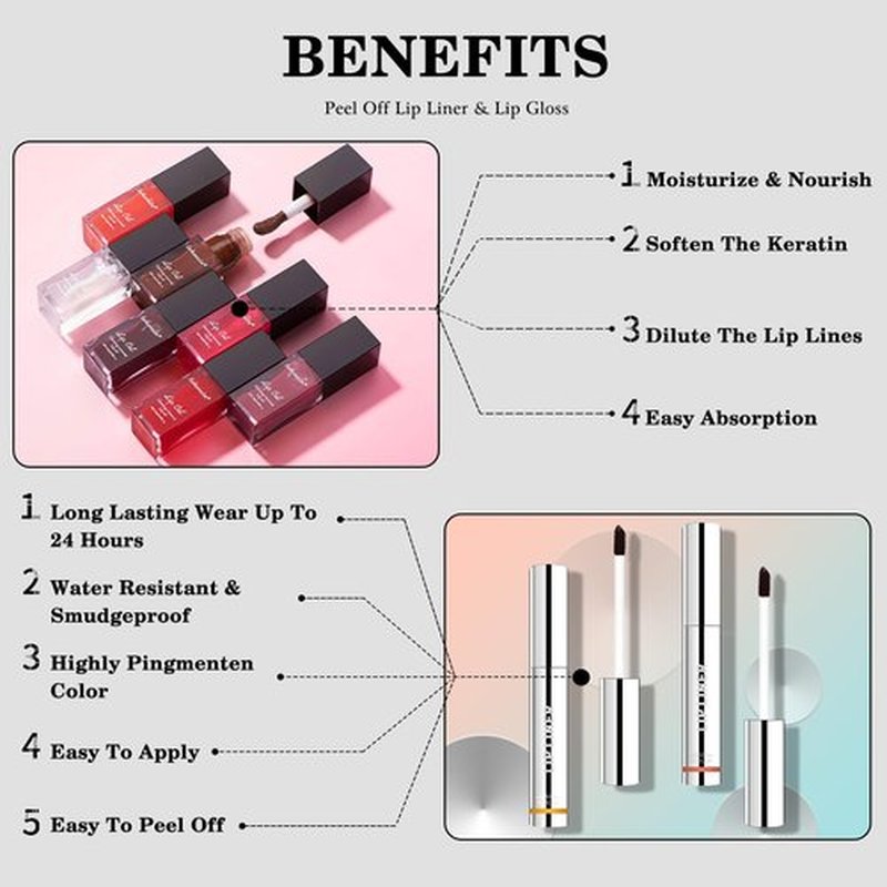 Wugbc Peel Off Lip Stain Pinked, Lip Tint Stain Peel Off Long Lasting Tattoo Lip Liner and Lipstick Combo Set Long Wear Lip Liner Stain Peeling Matte Finish with Hydrating Lip Gloss for Women Makeup
