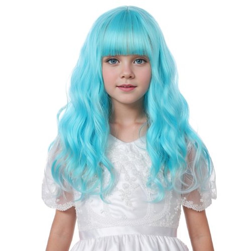 Edivd Teal Blue Wig for Gilrs Kids Short Green Wig with Air Bangs Short Green Child Wavy Curly Wig Heat Resistant Synthetic Wig with Wig Cap