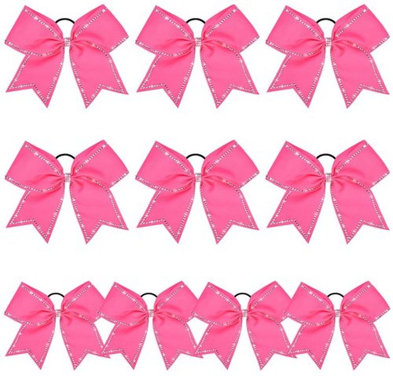 DEEKA 10 PCS 8" Rhinestones Large Cheer Hair Bows Glitter Cheer Ponytail Holder Handmade for Teen Girls Softball Cheerleader Sports -Hot Pink