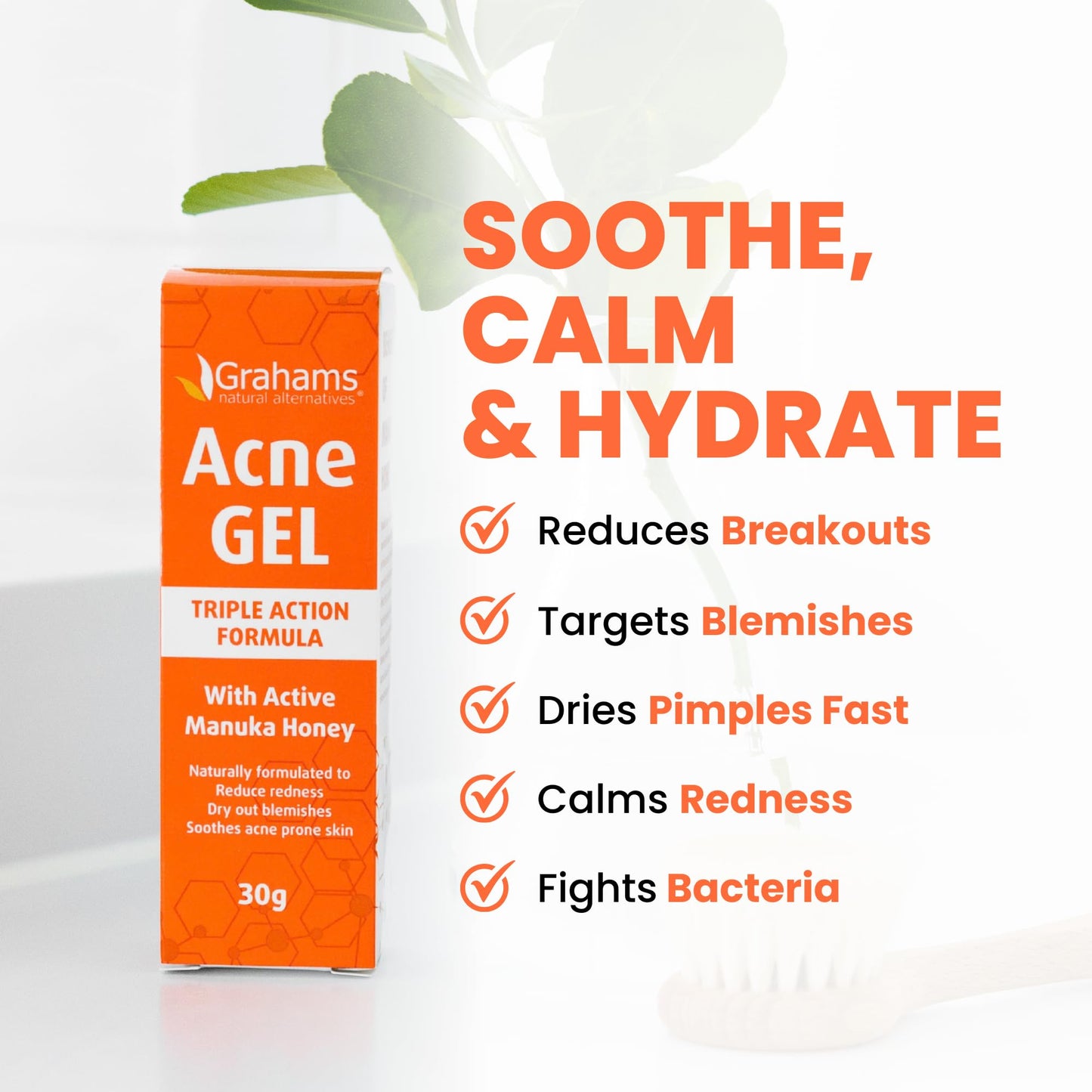 Grahams Natural Acne Gel Morning & Night Spot Treatment Pimple Cream for Face, Back & Body - All Natural with Witch Hazel, Honey, Aloe Vera, for Oily Skin & Blemish Control (1.06 oz)
