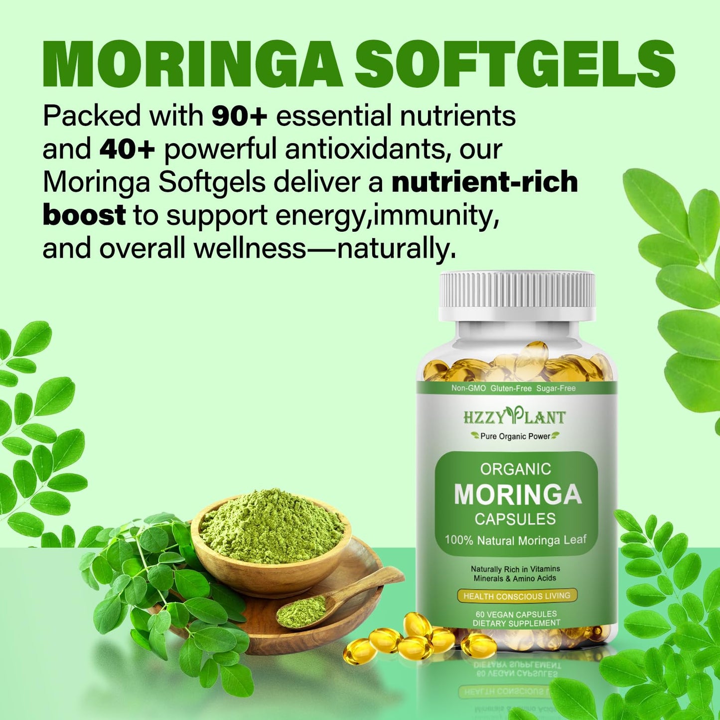 Moringa Softgel Capsules, Made with Pure Moringa Oleifera Leaf, Green Superfood High Absorption than Moringa Powder Capsules, for Energy, Immunity & Joint Health,Vegan,Non GMO,2 Month Supply