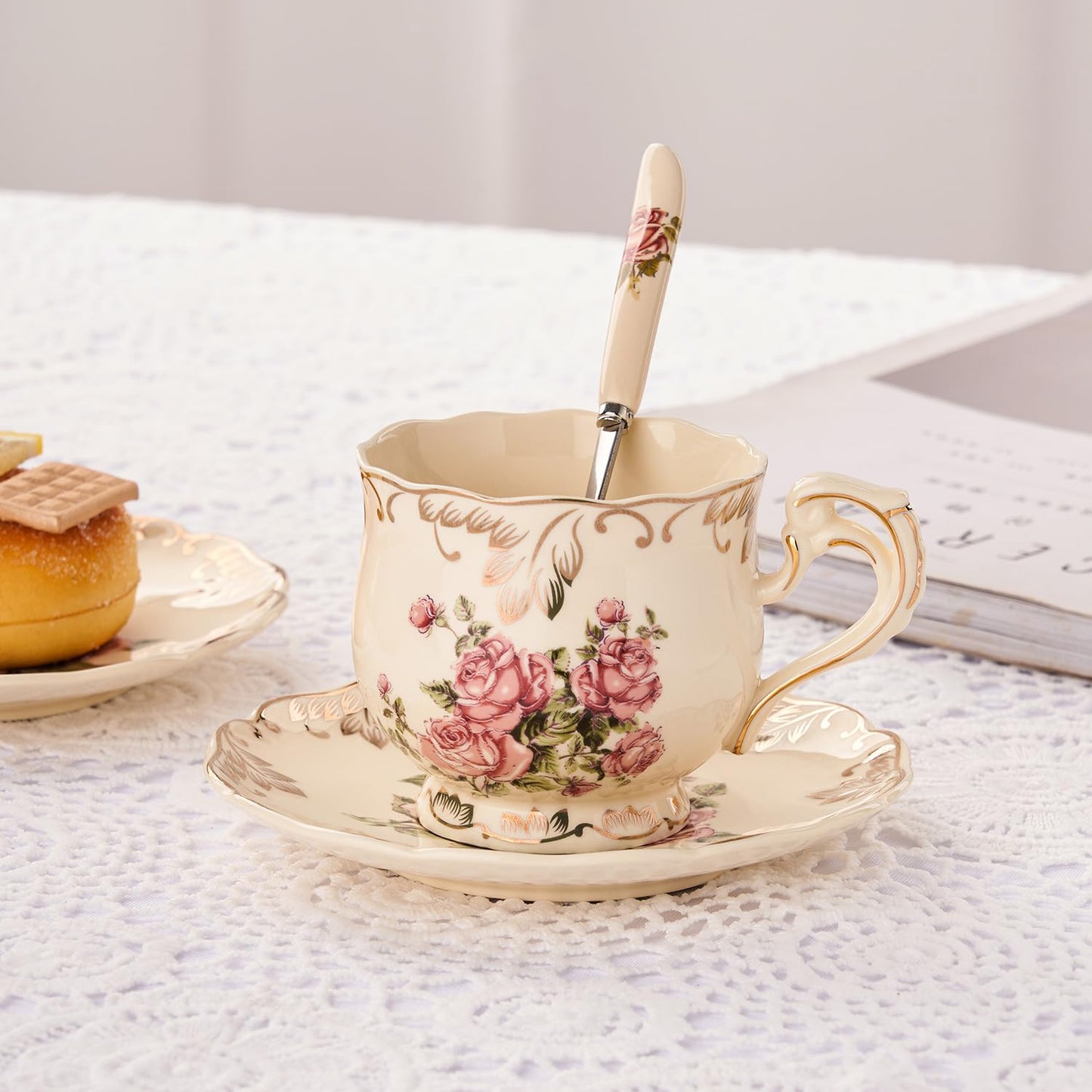 YOLIFE Tea Cups and Saucers Set of 2, Vintage Porcelain Tea Cups Set Floral with Gold Leaves Trim Design - 8 oz (Pink Rose with Gift Box(no stand))