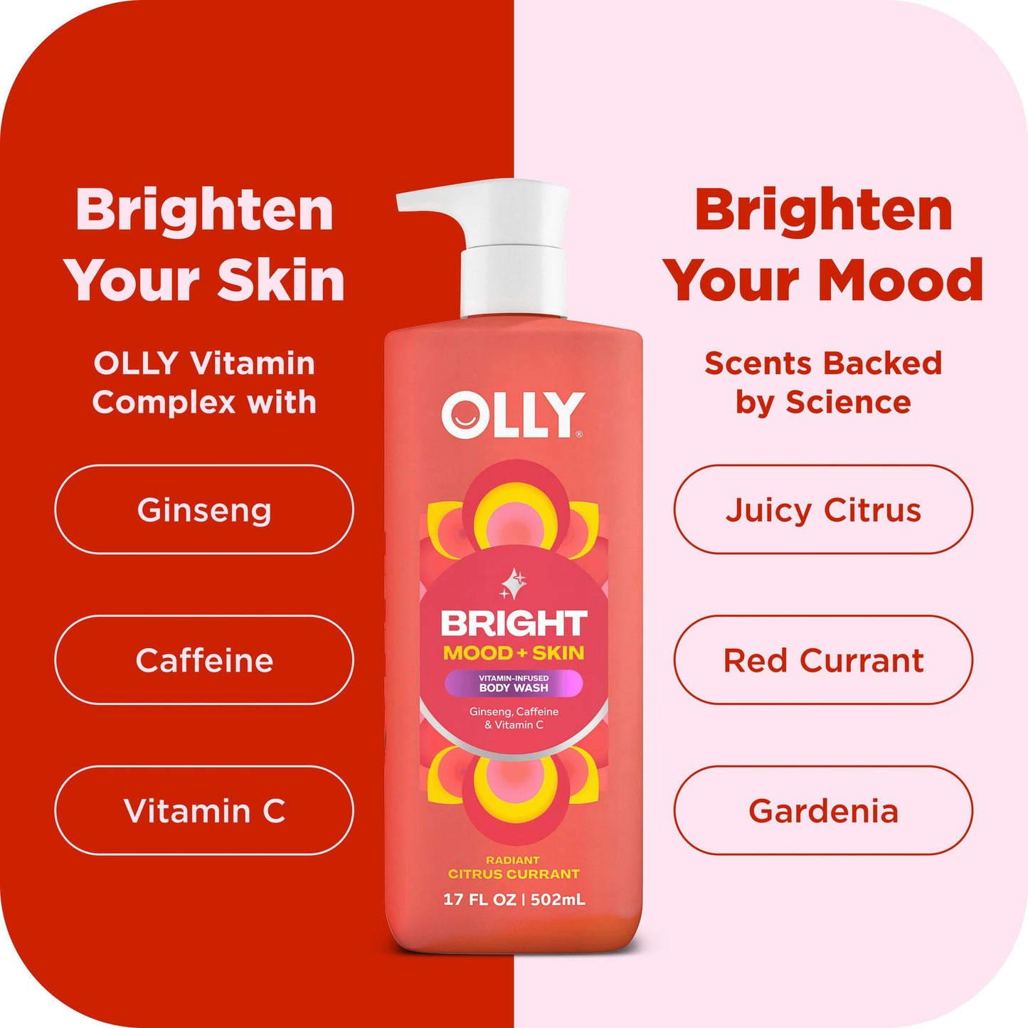 OLLY Bright Body Wash with Ginseng, Caffeine & Vitamin C– Nourishing Cleanser for Skin Barrier Repair, Deep Hydration, Juicy Citrus Currant Scent, 17 oz