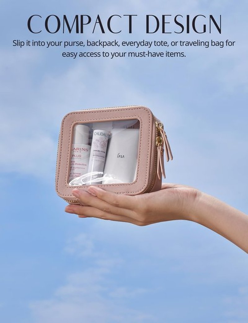 Small Makeup Bag for Purse Mini Cosmetic Bag Clear Pink Square Pouch for School Cute Leather Make Up Case Travel Organizer for Backpack Tiny Toiletry Bag with Zipper for Car Essentials Women Girls