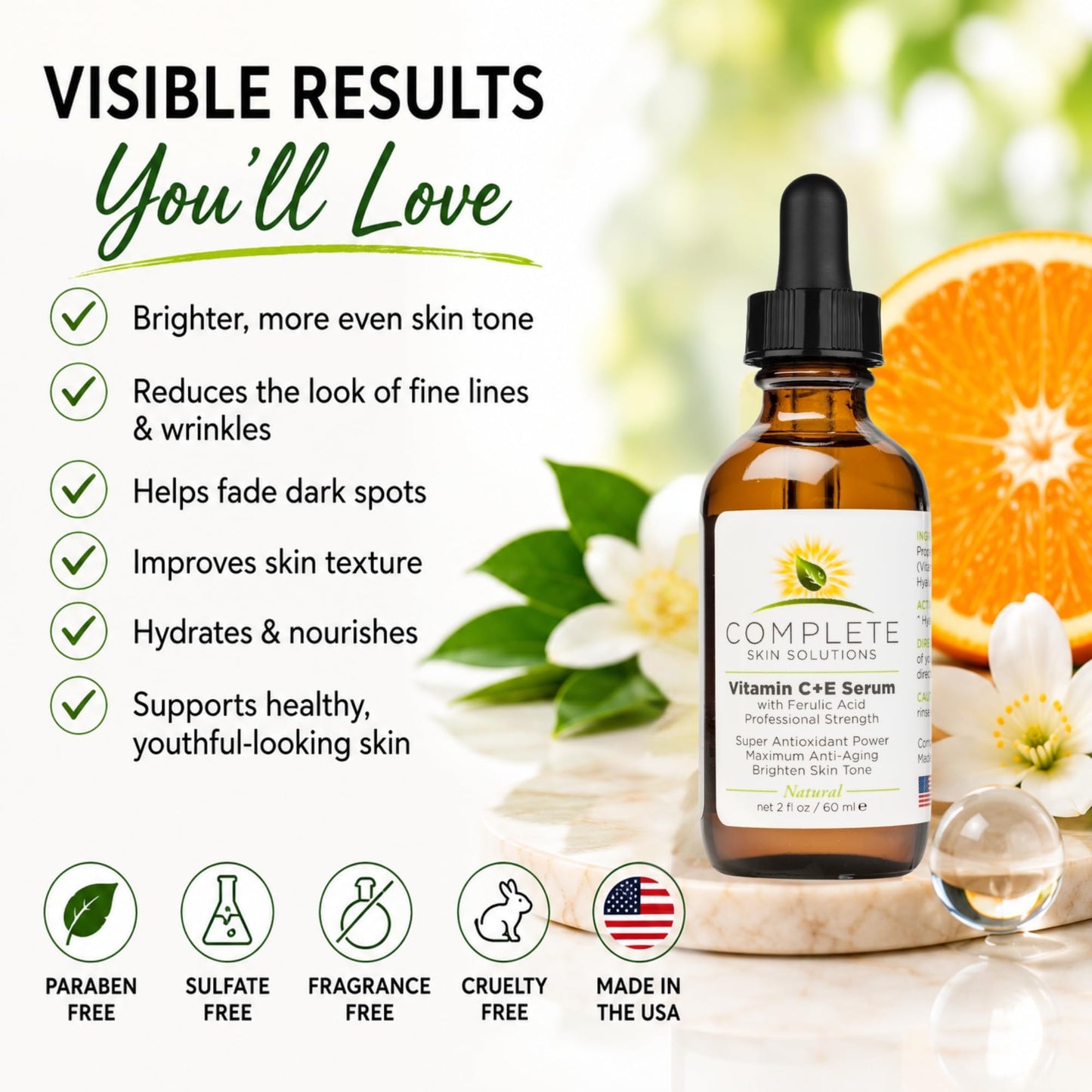 Complete Skin Solutions Natural Vitamin C E Serum With Ferulic Acid 2 oz