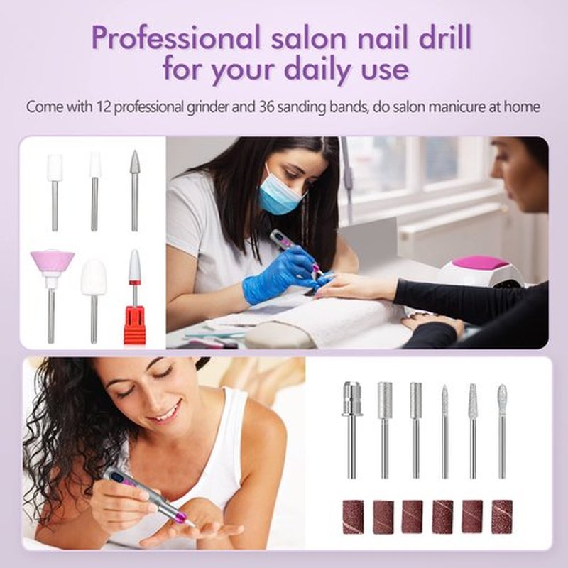 Nail Drill, Cordless Electric Nail Drill Professional E-File Nail Drill Kit for Acrylic, Gel Nails, Manicure Pedicure Polishing Shape Tools Design for Home Salon Use Gray