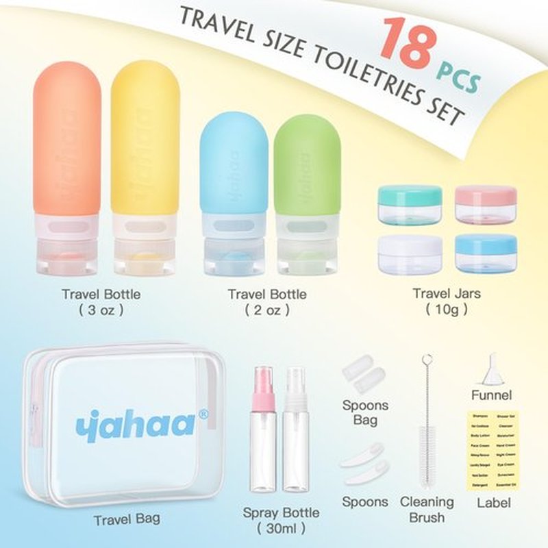 yahaa 18 Pcs Travel Size Toiletries Set,Leak Proof Squeezable Silicone Travel Bottles for Shampoo and Conditioner,TSA Approved Travel Essentials Accessories,White Pack