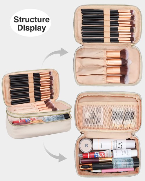 Relavel Travel Makeup Bag, Small Makeup Bag for Women, Makeup Organizer Pouch, Compact Cosmetic Bag, Double-layer Makeup Bag with Brush Holder, Waterproof Makeup Brush Holder (White)