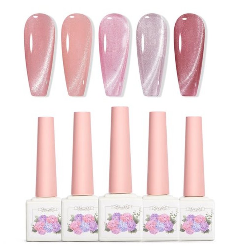 Adhere 5Pcs 12ML Cat Eye Soak Off UV LED Gel Nail Polish Set, Reflective Glitter Cat Eye, Sparkling Diamond Magnetic Transparent Pink Color with Magnet