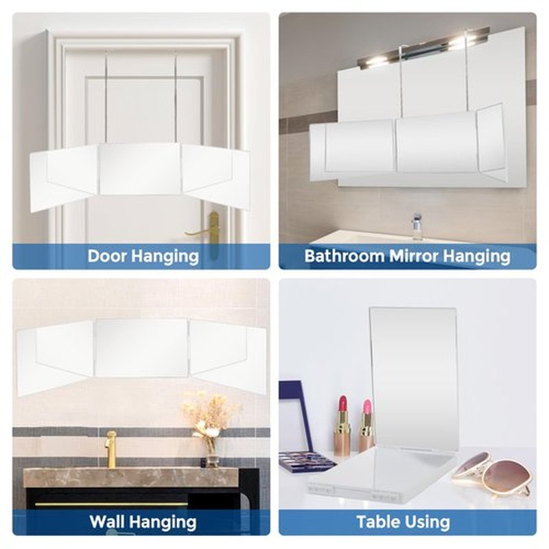 360 Trifold Mirror with Height Adjustable Telescoping Hooks, Includes Black Dual-Purpose Styling Comb - Ideal for Self Hair Cutting, Makeup - Essential for Travel, Bedroom, Bathroom (White)