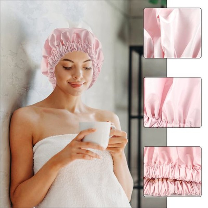 Reusable Shower Cap for Women, Large Waterproof Shower Bonnet Washable Elastic Band Bath Hair Hat for Long Hair, Braids(Pink&Beige)