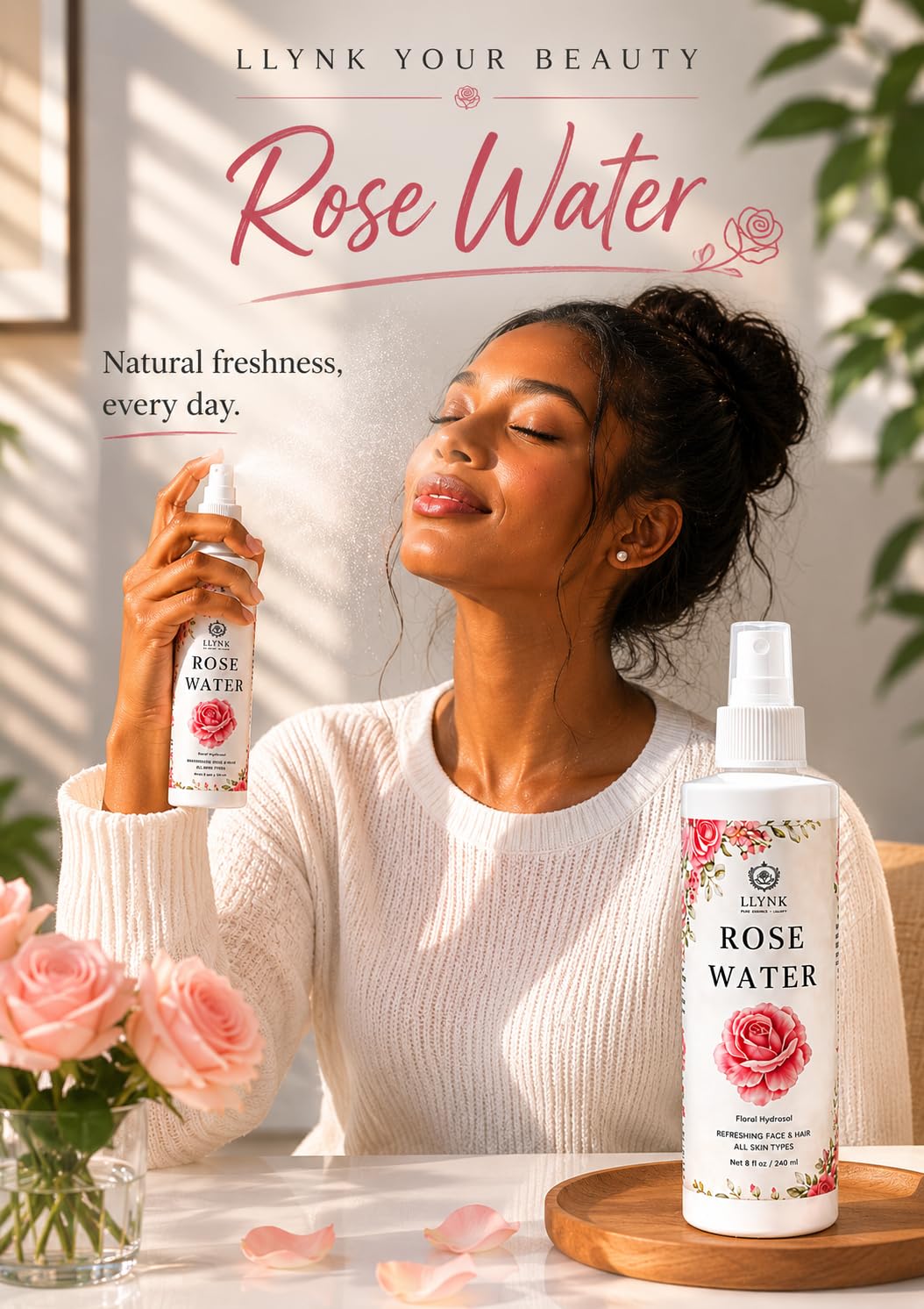 LLYNK Rose Water Facial & Hair Spray, 8 fl oz Hydrating Mist, Refreshing Toner for Skin & Scalp, Alcohol-Free, Hydrates and Soothes