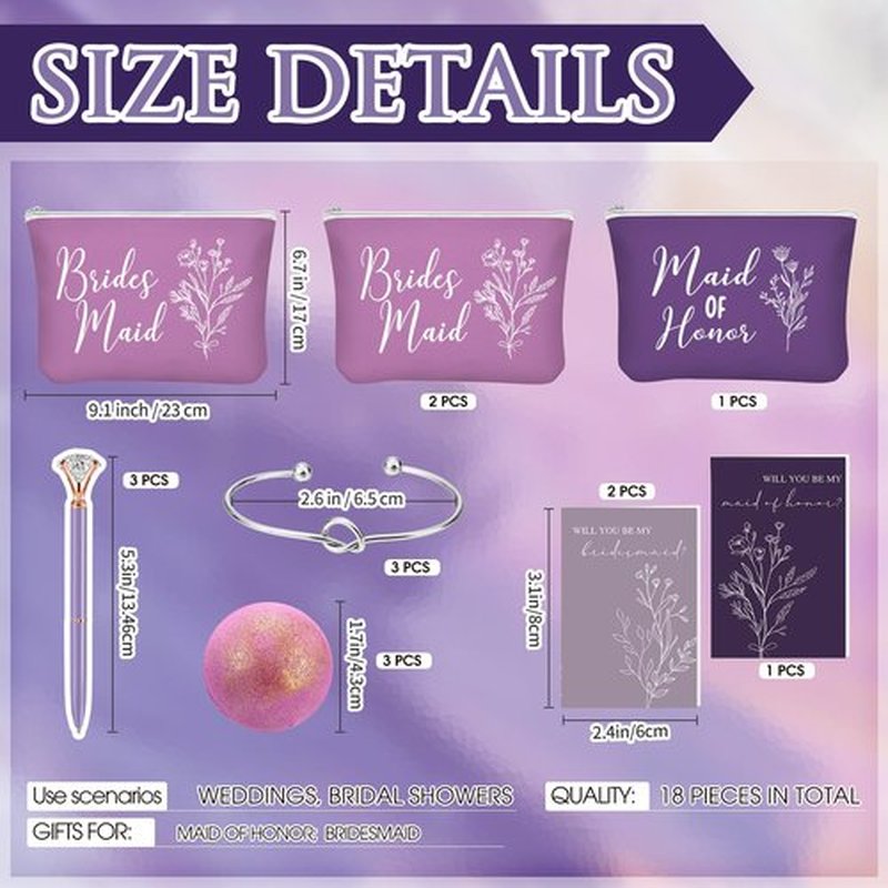 Skybooly 18 Pcs Bridesmaid Proposal Gifts Maid of Honor Gifts Including Brides Maid Glass Cup Makeup Bag Diamond Pen Bracelet Invited Cards for Wedding Party Favors(Purple)