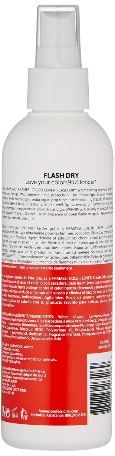 Framesi Color Lover Flash Dry Spray, 8.5 fl oz, Heat Protectant Spray for Hair, Blow Dry Accelerator, Quick Dry, Color Treated Hair