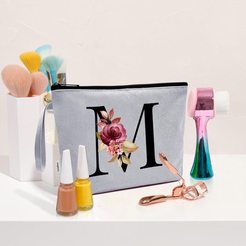 Vavabox A-Z Personalized Makeup Bag,Birthday Gifts for Women Mom,Gifts for Best Friend,Bride Bridesmaid Cosmetic bag (M, Grey)