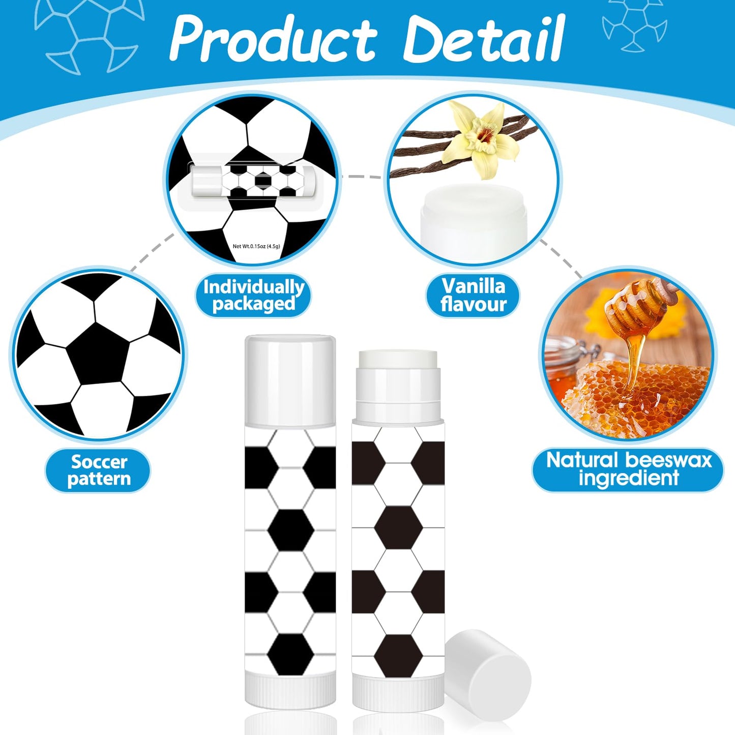 AKAIXI 24 Pack Soccer Lip Balm Moisturizing Beeswax Lipstick Vanilla Flavor