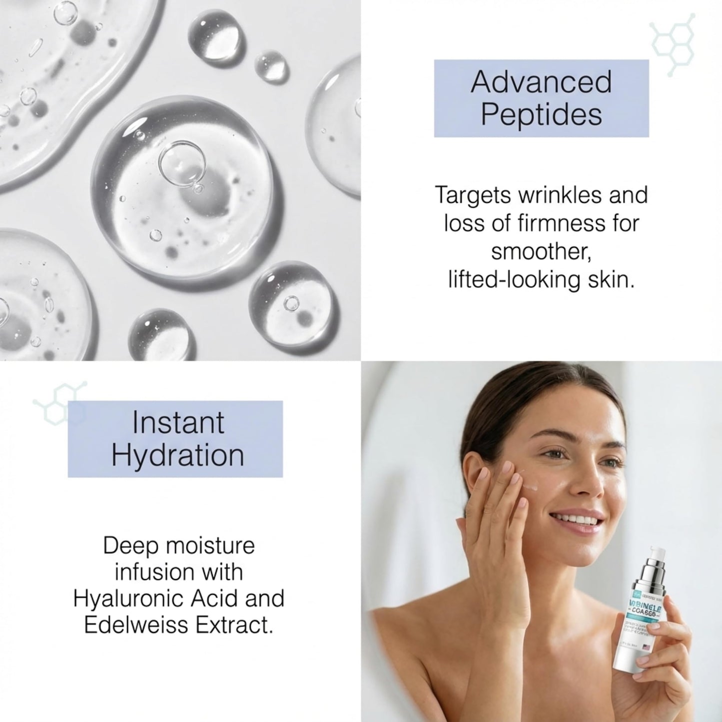 Wrinkle Eraser Supercharged Anti-Aging Peptide Serum Visibly Lifts Firms Hyaluronic Acid Argireline Snap 8 Matrixyl 3000 Edelweiss Inyline Pepha TIght Syn-Ake Juveleven Uplevity Skin Perfection