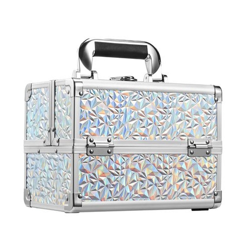 FRENESSA Makeup Train Case Cosmetic Organizer Case Portable Makeup Box with Mirror 2 Trays Lockable Make up Travel Storage Case for Makeup Artist, Nail Kits, Makeup Tools Makeup Case Chic Silver