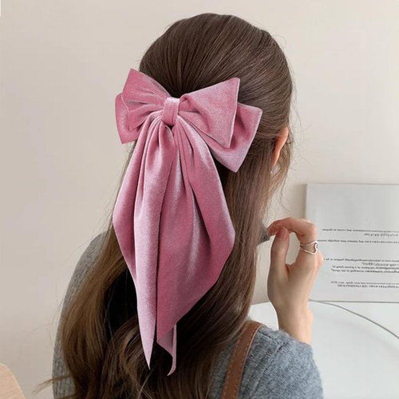 Beige Pink Velvet Ribbon Hair Bows with Long Tail for Women Girls Thick Hair Valentines Ponytail Holder Decor Accessory Everyday Big Bow-Knot French Hair Barrette Clips Clamp Stuff