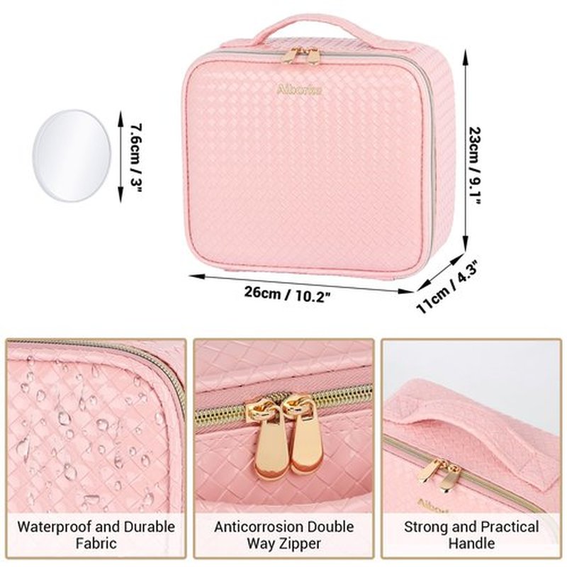 Aiborke Travel Makeup Bag with Led Mirror Makeup Case with Lighted Mirror Cosmetic Organizer bag with Adjustable Dividers and 5X Magnifying Mirror Gift for Women (Pink)