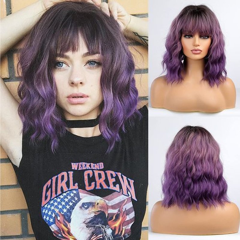 PATTNIUM Ombre Purple Wig with Bangs for Women Short Wavy Curly Bob Purple Wig Shoulder Length Heat Resistant Synthetic Wig (Ombre Purple)