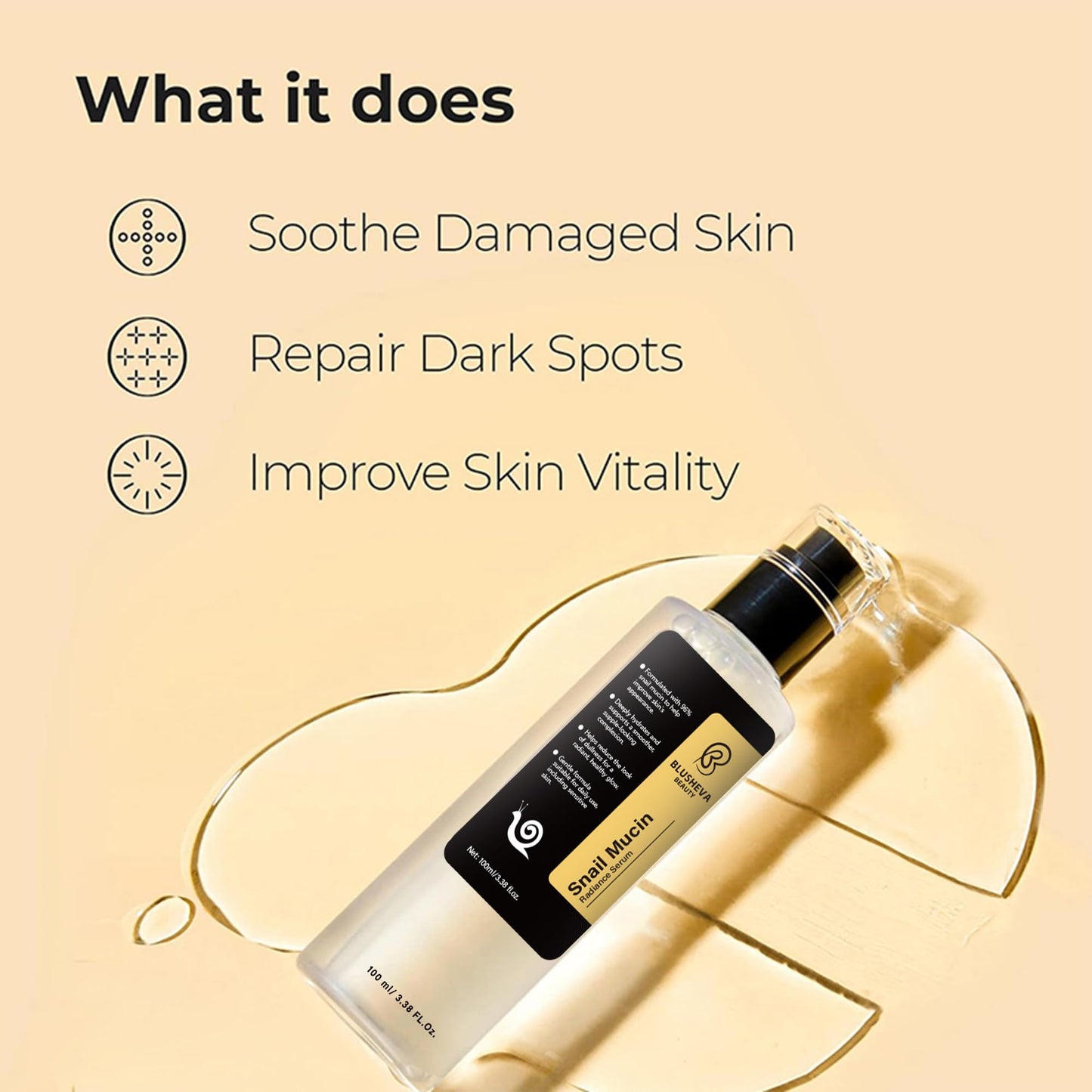 Blusheva Beauty Snail Mucin Radiance Serum 96% Snail Filtrate Hydrating & Anti-Aging Face Serum for Fine Lines, Dark Spots & Smooth Skin 100ml