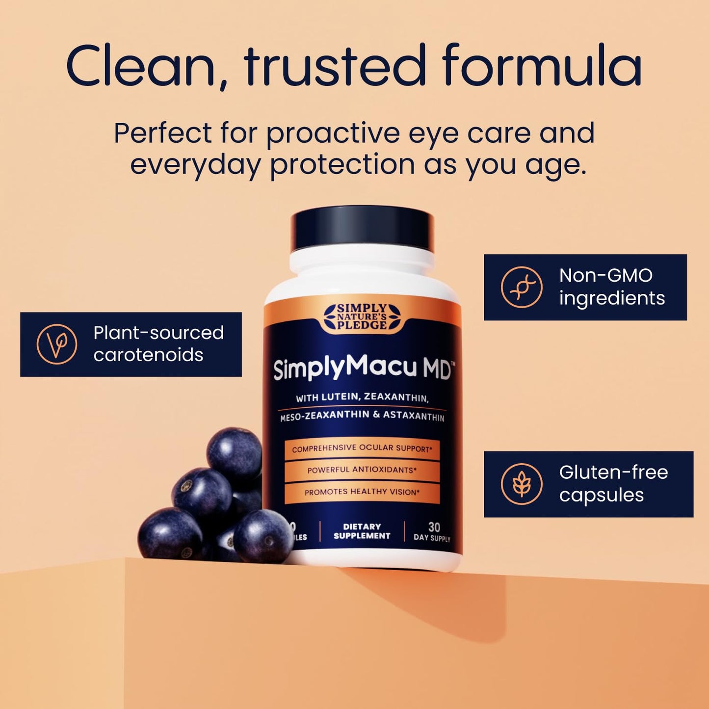 Simply Nature's Pledge Macu MD | Eye Vitamins | 1-Month Supply with Lutein, Zeaxanthin, Meso-Zeaxanthin, Astaxanthin & Bilberry Extract | Advanced Macu Health Vision Support