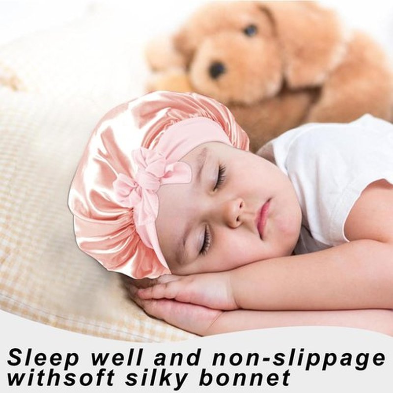 FIRSTPELLA 3 Pcs Baby Hair Bonnet for Sleeping - Kids Silk Satin Bonnets for Girls Curly Hair,Satin Sleep Bonnet for Teens Toddler Child(Pink+Black+Purple)