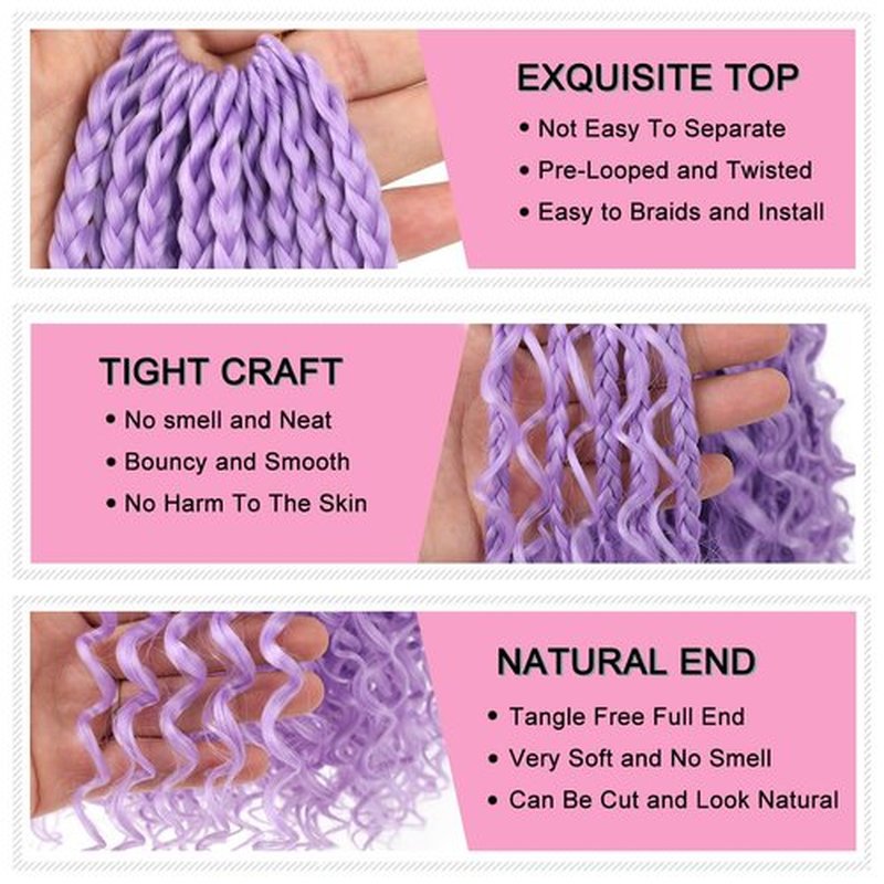 COOKOO 14 Inch Boho Box Braids 8 Packs Goddess Box Braids Crochet Hair Bohemian Hippie Braiding Hair With Curly Ends Pre-looped Synthetic Crochet Hair for Black Women (Shallow purple#)