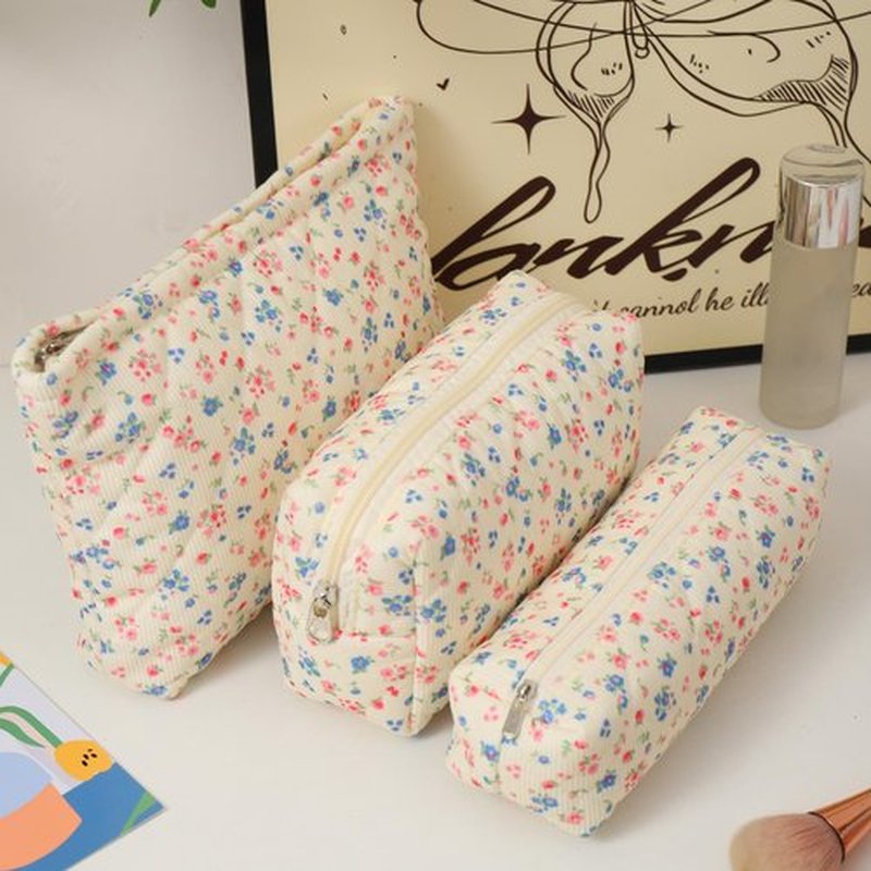 LYDZTION 3Pcs Makeup Bag Set, Large Floral Cosmetic Bag Quilted Makeup Bag Travel Makeup Bag Organizer Cute Makeup Brush Bag Travel Toiletry Bag for Women