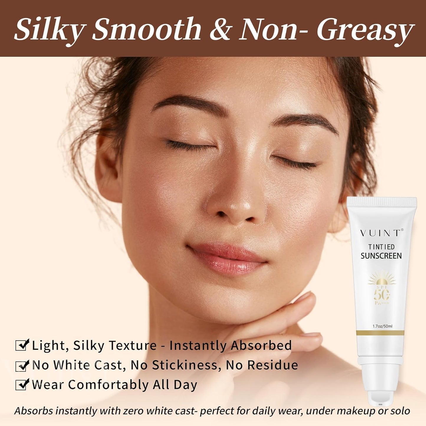 Vuint Tinted Sunscreen for Face SPF 50 – Broad Spectrum SPF Protection for Women – Lightweight, Non-Greasy Sunblock for Sensitive Skin, Hydrating, Waterproof Facial Sunscreen for Travel & Everyday Use