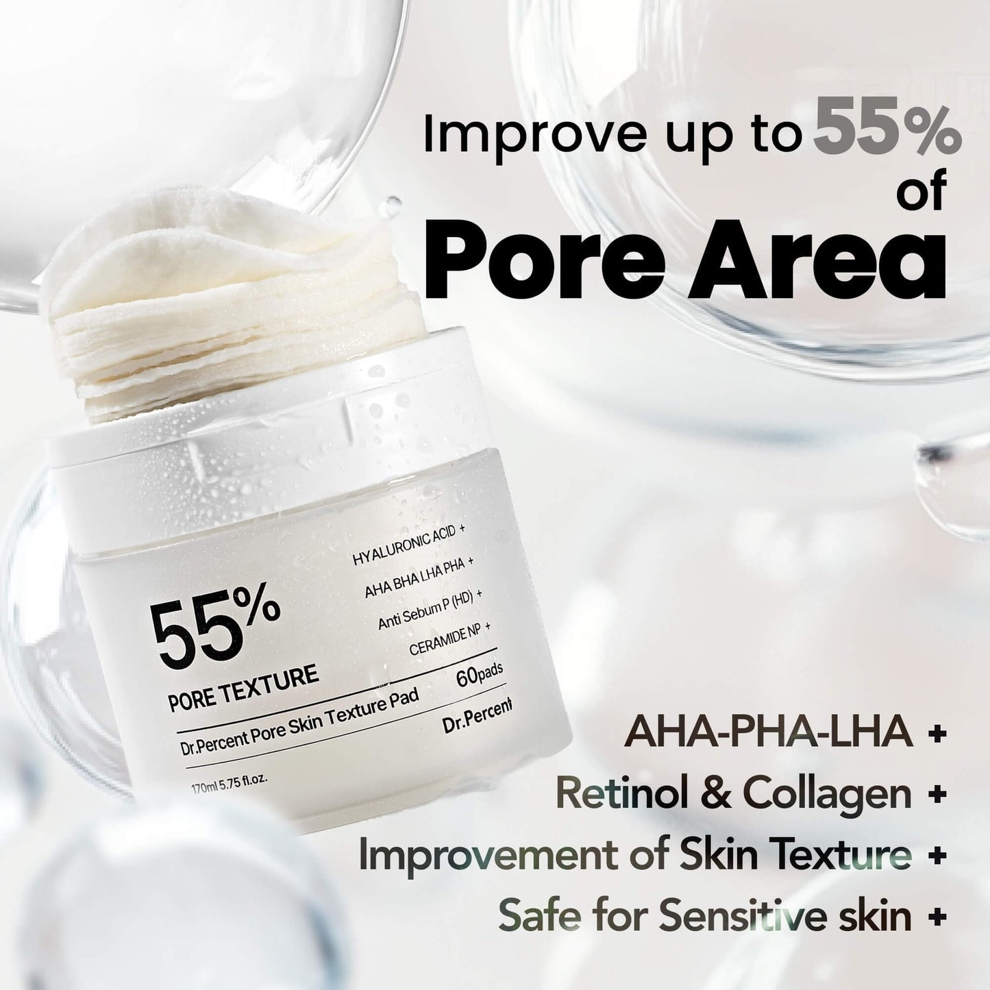 Dr.Percent Pore 55% Skin Texture Pad – AHA BHA LHA, Retinol & Rice Extract for Enlarged Pores, Sebum Control, Exfoliating Toner Pads for Glass Skin, Non-Irritating, Korean Skincare(60ct)
