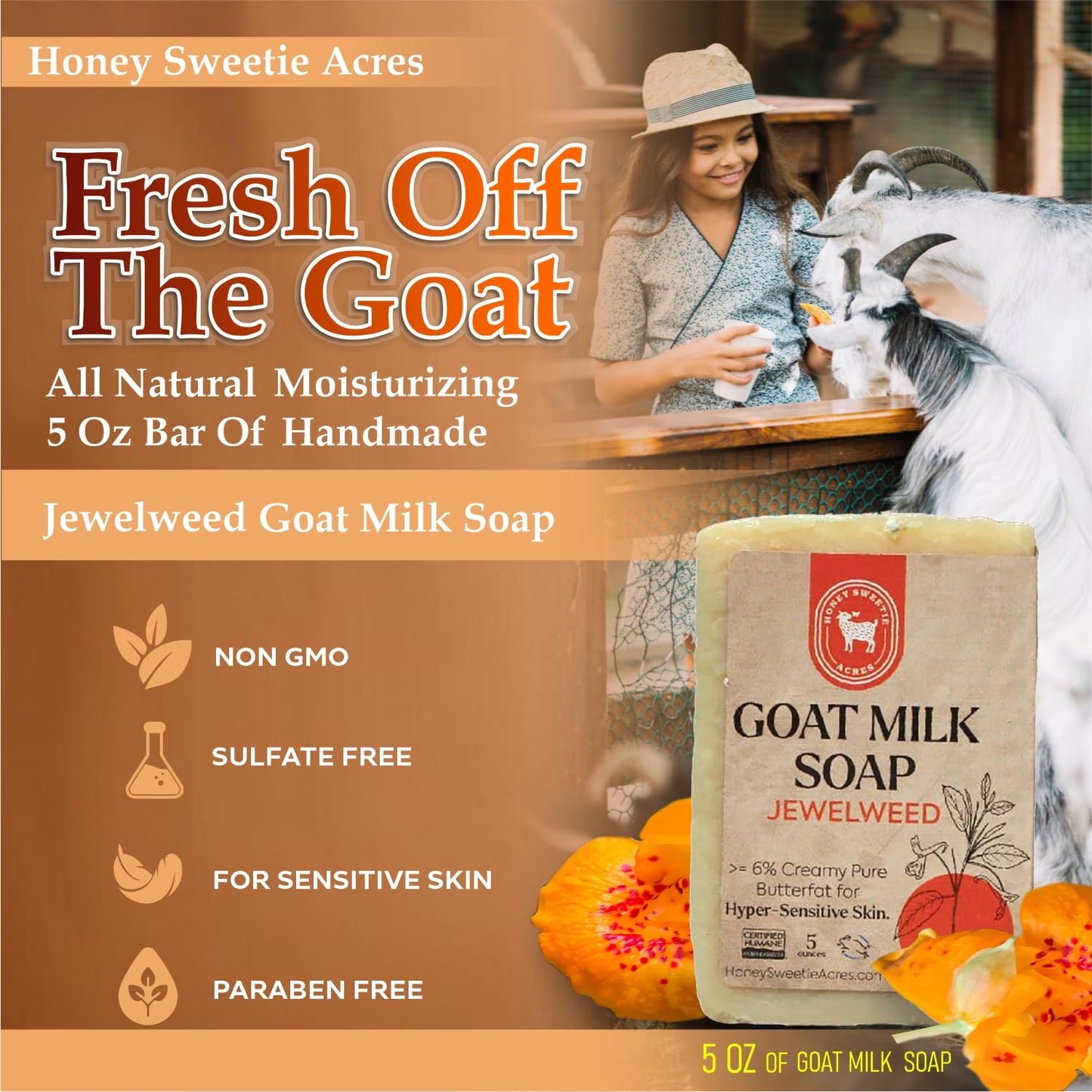 Honey Sweetie Acres Fresh Off The Goat All Natural Moisturizing 5 Oz Bar Of Handmade Jewelweed Goat Milk Soap - Made in USA