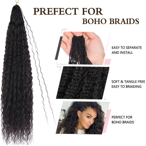 Xtrend Pre Looped Micro Brazilian Kinky Curly Crochet Hair 24 Inch 8 Packs Black Micro Curly Braiding Hair Extensions Synthetic Deep Wave For Mini Senegalese Twist Hair For Boho (30 Strands/Pack，1B#)