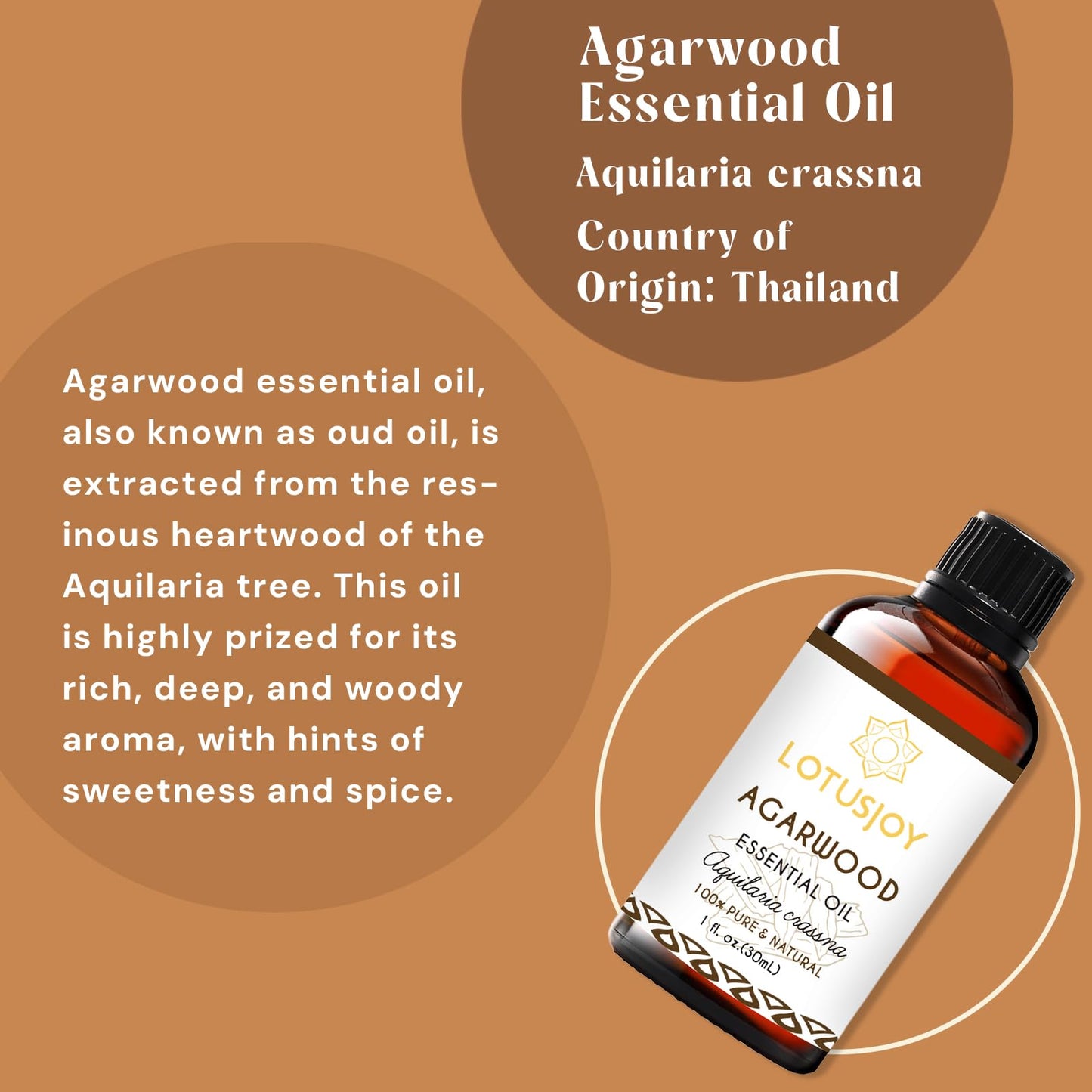 LOTUSJOY Agarwood Essential Oil, Pure Natural Organic Oud Essential Oil for Diffuser Meditation and DIY Cosmetic Making- 1 Oz