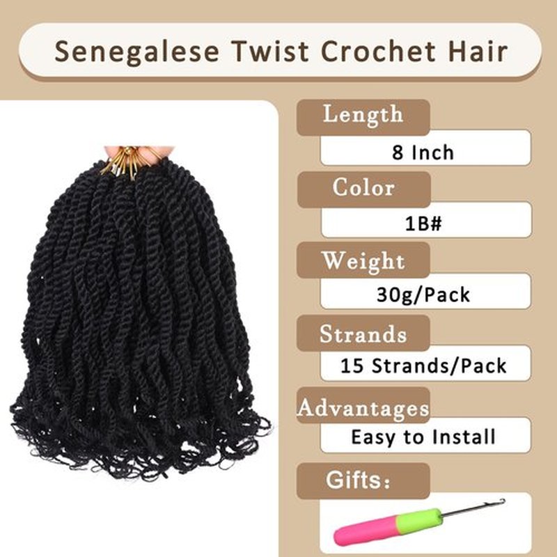 Kachanaa 8 Pack Wavy Senegalese Twist Crochet Hair With Curly Ends 8 Inch Synthetic Short Pre-Looped Kids Twisted Crochet Hair Havana Twist Braiding Hair Extension for Women 1B#