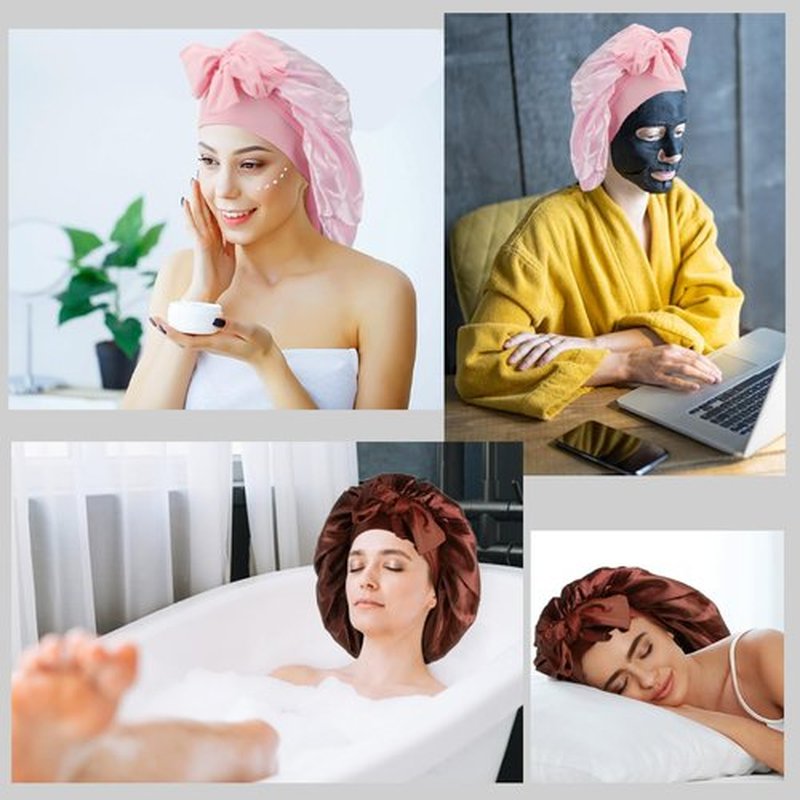 Arqumi Satin Silk Bonnet for Sleeping Women - 2 Pcs Large Long Strap Tie Band Adjustable Sleep Night Shower Cap Hair Bonnet Wrap for Men Reusable, Pink+ Brown