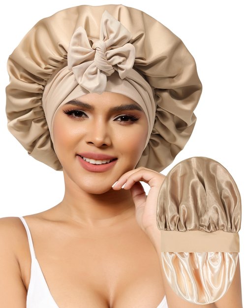 Satin Bonnet for Women Silk Bonnets for Sleeping Curly Hair Bonnet with Elastic Tie Band Reversible Double Layer Sleep Cap Hair Wrap (Brown + Champagne)