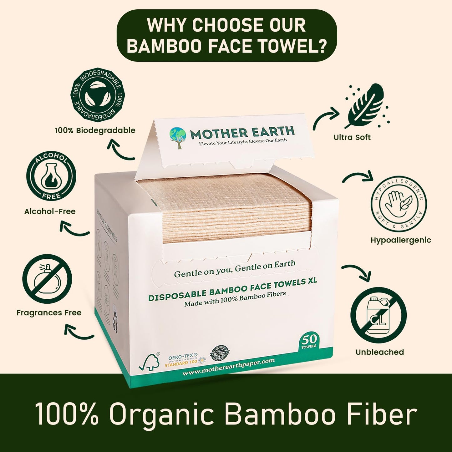 MOTHER EARTH Bamboo Face Towels XL - Hypoallergenic and Disposable Face Wipes | Dry Makeup Removers | Made from Bamboo Viscose | Extra Soft for Sensitive Skin (50 Towels)