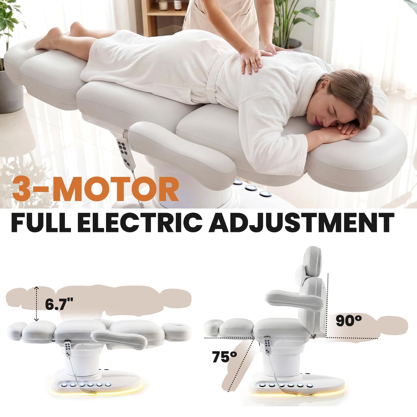 Oakvera Fully Electric Massage Table with 3 Motors, Professional Esthetician Bed with LED Light, Height, Length & Angle Adjustable Beauty Spa Bed for Facial & Medical, Stool Included, White
