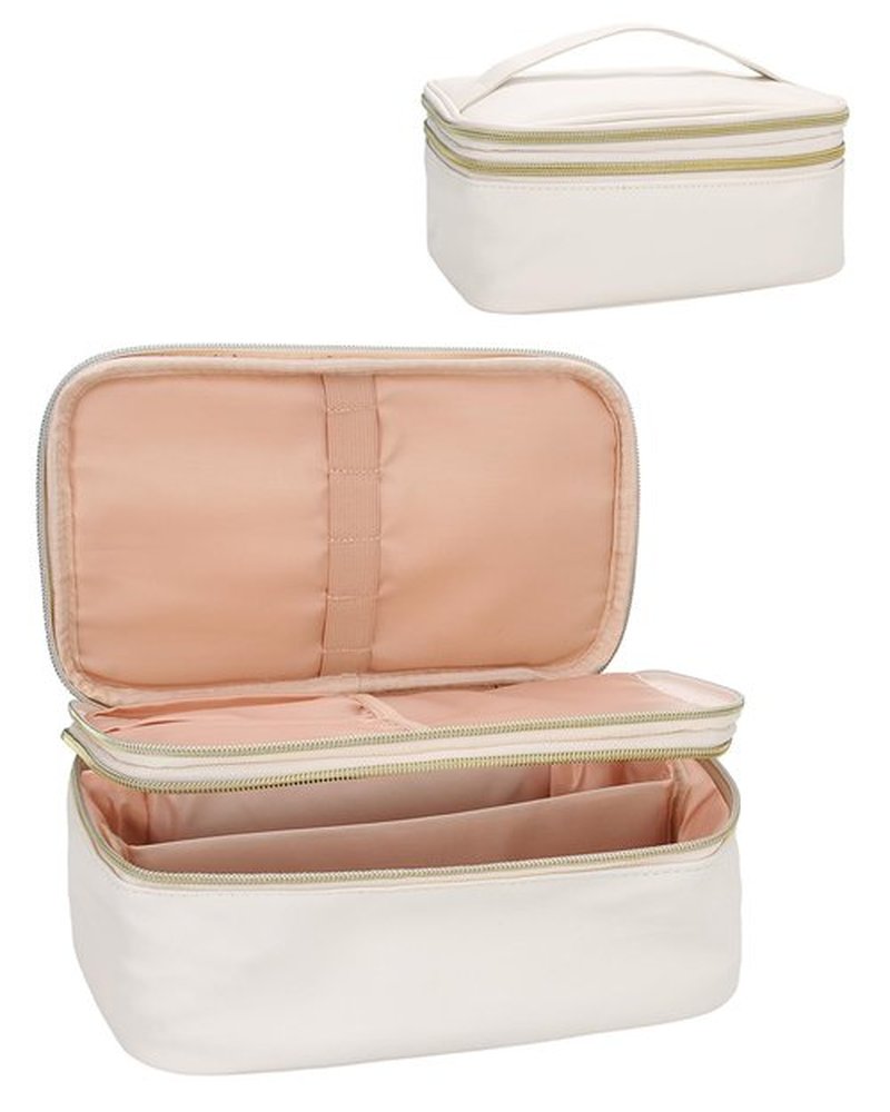 Relavel Travel Makeup Bag Multifunctional Make Up Bags with Zipper Pouch Large Compact Makeup Bag Organizer for Women Girls Cosmetics Toiletry Brushes Storage (White)