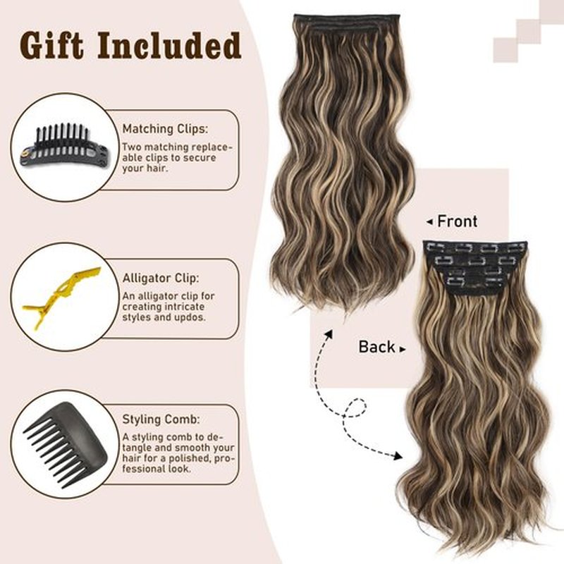 QGZ Clip in Hair Extensions for Women 4 PCS Set of Thick, Synthetic Long Wavy Hairpieces 20 Inch Dark Brown Mixed Blonde