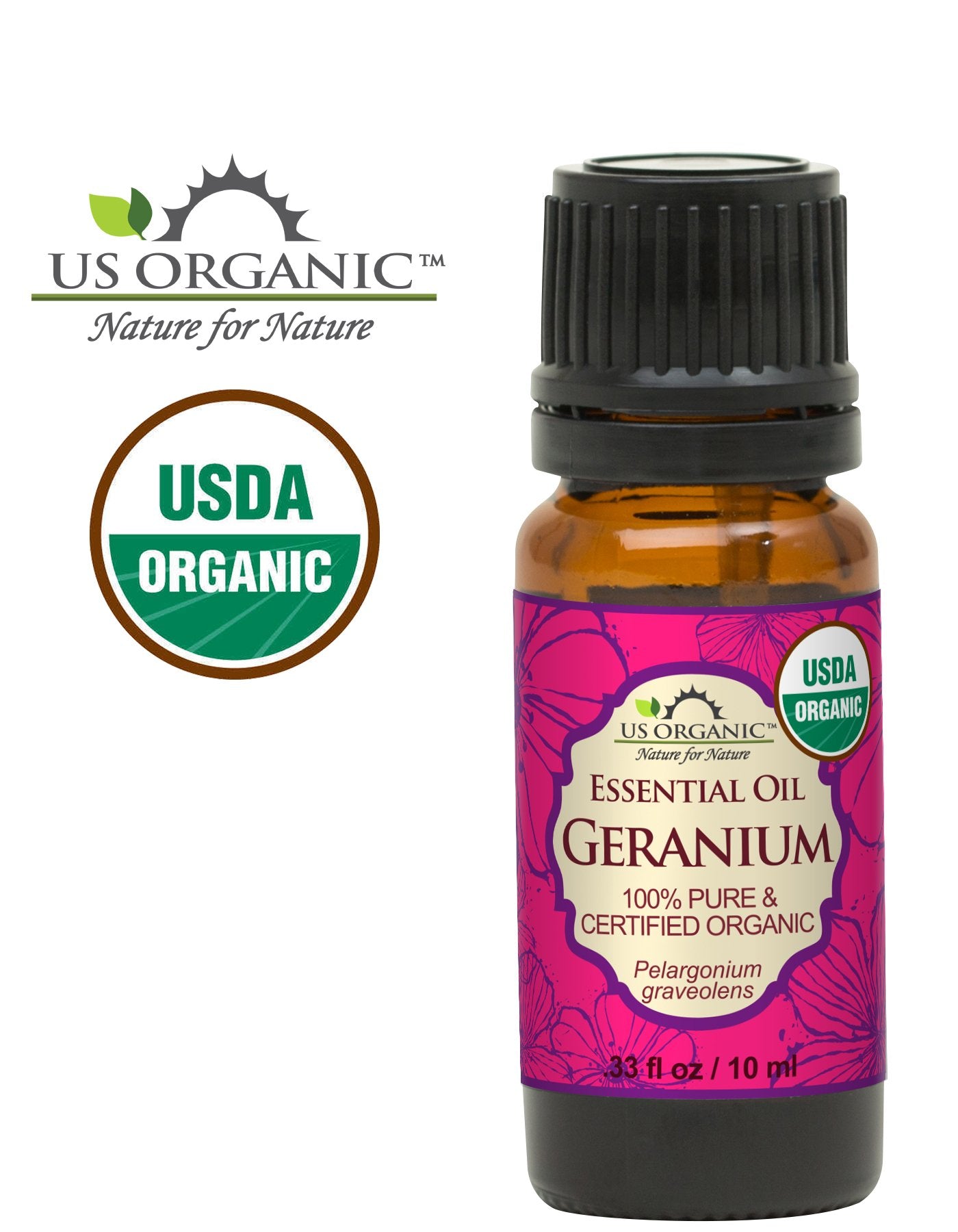 US Organic 100% Pure Geranium Essential Oil - USDA Certified Organic, Steam Distilled - W/Euro droppers (More Size Variations Available) (10 ml / .33 fl oz)