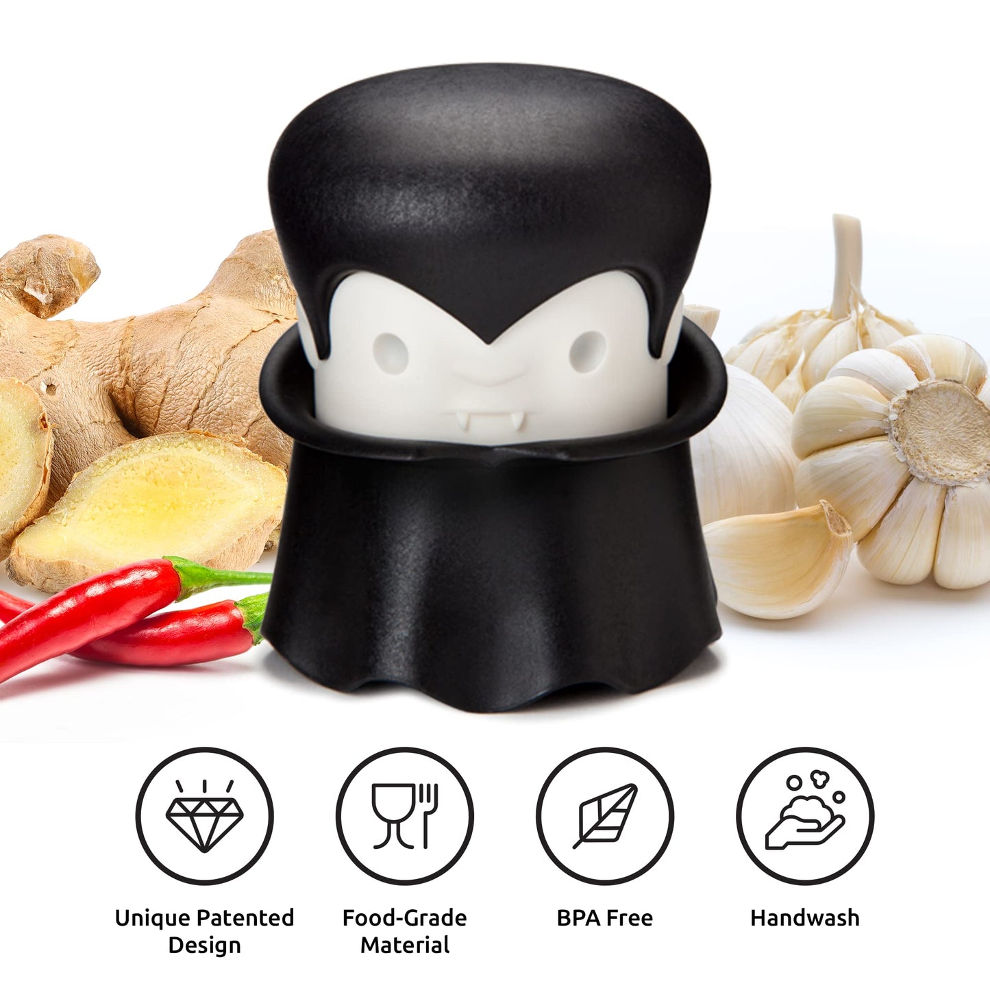 OTOTO Gracula Garlic Press, Garlic Crusher, Garlic Mincer, Also for Ginger, Nuts, Chili, Herbs - Twist Top Mincer & Easy Squeeze Manual Press Peeler, Goth Gifts